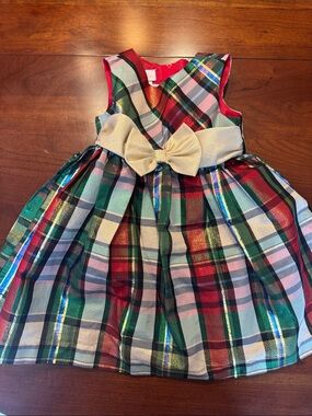 Bonnie Baby Red Green Plaid Holiday Dress with Gold Bow